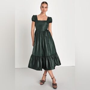 NWT Lulus Surely Chic Emerald Puff Sleeve Corset Midi Dress With Pockets